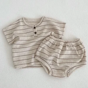 Ensemble bébé été 2024 doublure rayée tshirt et bloomers 2 pièces pur coton mignon beige garçon