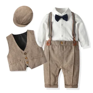 Ensemble vestimentaire élégant pour bébé garçon tenue formelle avec gilet chemise pantalon bretelles nœud papillon et chapeau  Look vintage pour occasions spéciales
