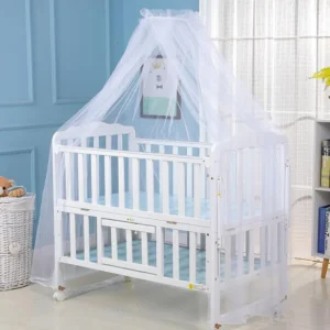 Lit bébé nouveauné moderne avec housse matelas bleu et voile tulle blanc design minimaliste compact portable 安全 bébé en bas âge chambre enfant blanc bleu