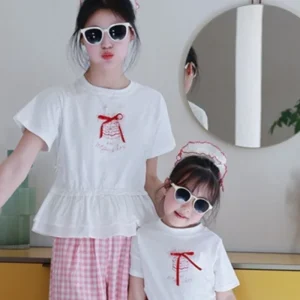 Tenues assorties mèrefille ensemble tshirt et pantalon à carreaux rose et blanc vêtements de famille décontractés d&rsquo;été costumes de vacances pour maman