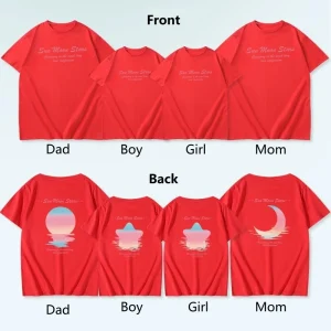 Ensemble familial coréen Sun Moon Stars tshirts mèrefille vêtements assortis tshirt en coton manches courtes style moderne coordonnés pastel rouge vibrant