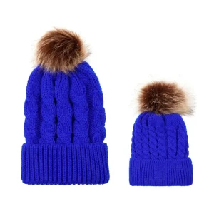 Bonnet d&rsquo;hiver en laine tricotée assorti pour maman et bébé 2 pièces pompon en fausse fourrure style cosy et élégant doux et chaud