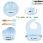 Ensemble vaisselle bébé 6 pièces silicone sans BPA personnalisable bol tasse cuillère fourchette plateau bavoir cadeau nouveauné light blue