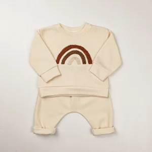 Ensemble vêtements bébé printemps 2 pièces sweatshirt manches longues pantalon arcenciel beige Ensemble vêtements bébé printemps 2 pièces sweatshirt manches longues pantalon arcenciel beige