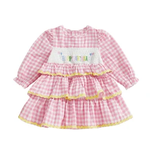 Robe d&rsquo;Anniversaire pour Fille en Coton Doux Motifs Carreaux Volants Confortable et Élégante