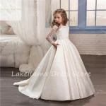 Robe princesse fille manches courtes satin organza nœud simple fleurs dentelle perles mariage anniversaire soirée