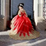 Robe princesse fleurs rouges filles tenue anniversaire appliques dorées perles semimanches style exquis