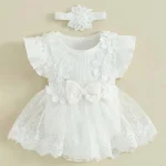 Robe de baptême bébé fille robe princesse fleurs blanches tulle coton sans manches bandeau fleuri Anniversary christening dress