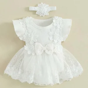 Robe de baptême bébé fille robe princesse fleurs blanches tulle coton sans manches bandeau fleuri Anniversary christening dress