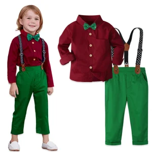 Tenue de Noël bébé garçon costume formel ensemble vêtements bretelles robe de soirée chemise rouge vert Tenue de Noël bébé garçon costume formel ensemble vêtements bretelles robe de soirée chemise rouge vert