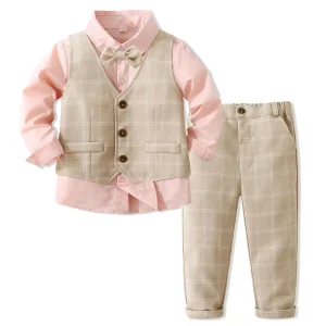 Ensemble vêtements formels bébé garçon gilet  pantalon bretelles  chemise  nœud papillon 4 pièces costume bébé 15 ans rose