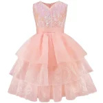Robe princesse rose fille occasion spéciale sequins tulle épaules nues fermeture éclair style élégant vêtement enfant 46 ans