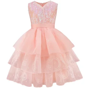 Robe princesse rose fille occasion spéciale sequins tulle épaules nues fermeture éclair style élégant vêtement enfant 46 ans