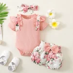 Ensemble vêtements bébé fille body manches courtes short floral accessoires assortis rose pâle 01 ans coton confortable printemps été