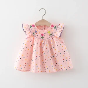 Robe bébé en coton brodée fleurs pois multicolores puffed sleeves été fille confortable Robe bébé en coton brodée fleurs pois multicolores puffed sleeves été fille confortable