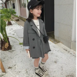 Costume bébé filles et garçons hauts enfants manteaux veste gris britannique vêtements enfants mode ensembles costumes double boutonnage printemps automne