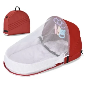 Lit de voyage pour bébé berceau portatif avec filet antimoustiques nid de couchage jouets suspendus sac de transport  Design moderne en rouge