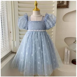 Robe princesse fille occasion spéciale fête d’anniversaire soirée formelle carnaval style étoilé tulle satin bleu pastel Robe princesse fille occasion spéciale fête d’anniversaire soirée formelle carnaval style étoilé tulle satin bleu pastel