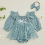 Robe de fête smockée à volants pour bébé fille naissance à 1 an robe princesse anniversaire 1ère année accessoire bow headband inclut vêtement bébé fille occasion spéciale