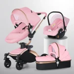 Poussette bébé modulable 3 en 1 landau bidirectionnel en cuir PU pliable amorti chocs coquille d&rsquo;œuf 2 en 1  Rose poudré
