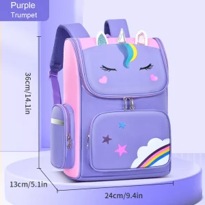 Sac à dos école enfants primaires design licorne compartiments multiples étanche confortable violet pastel idéal pour 612 ans