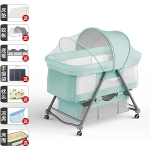 Berceau portable pliable pour bébé lit mobile avec moustiquaire roues matelas et rangement design moderne couleur turquoise