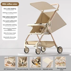 Poussette bébé ultralégère pliable dossier réglable plateau repas Oxford cloth design moderne sécurité renforcée blanc café Warm House