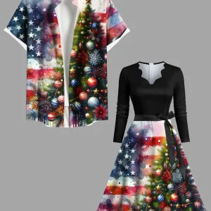 Ensemble de costumes de Noël assortis pour couples, boule d&rsquo;arbre de Noël, drapeau patriotique, éclaboussures de peinture, tenues imprimées, chemise et robe – Couples Set