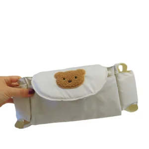 Sac de rangement pour poussette bébé sac à langer portable tissu doux appliqué tête d&rsquo;ours beige clair design minimaliste idéal pour promenades et sorties