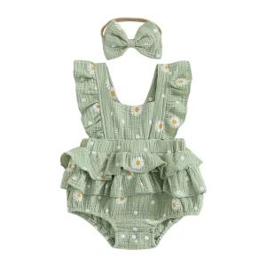 Robe barboteuse fille imprimé marguerite coton doux combinaison sans manches bandeau à nœud vêtement bébé fille 46 ans