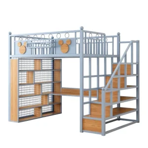 Lit mezzanine pour enfants avec échelle et rangements design moderne en métal et bois bleu clair sécuritaire et pratique pour chambre d’enfant Lit mezzanine pour enfants avec échelle et rangements design moderne en métal et bois bleu clair sécuritaire et pratique pour chambre d’enfant