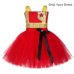 Robe Tutu Pompier Fille Costume Cosplay Halloween Vêtement Fête Enfant Tulle Rouge Doré Occasion Spéciale Accessoire Mode