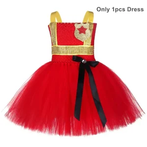 Robe Tutu Pompier Fille Costume Cosplay Halloween Vêtement Fête Enfant Tulle Rouge Doré Occasion Spéciale Accessoire Mode