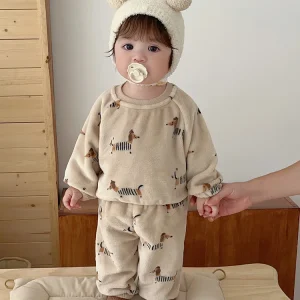 Ensemble deux pièces en velours double face pour bébé 05 ans sweat à capuche et pantalon survêtement hiver garçons filles khaki