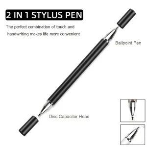 Stylo universel 2en1 pour smartphone tablette écran tactile ballpoint et stylet design moderne métal et plastique noir avec accents argent portable et durable Stylo universel 2en1 pour smartphone tablette écran tactile ballpoint et stylet design moderne métal et plastique noir avec accents argent portable et durable