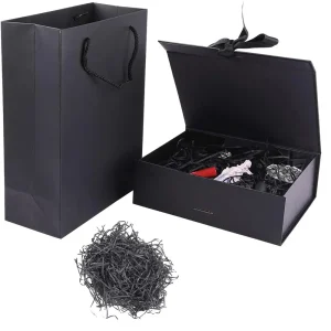 Coffret cadeau magnétique noir avec couvercle ruban sac en papier et remplissage pour emballage cadeau élégant et sécurisé