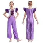 Costume princesse Halloween pour fille robe cosplay manches courtes taille haute body une pièce déguisement fête enfant style puffed sleeves couleur violet