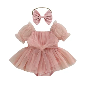 Barboteuse en tulle pour bébé fille robe à volants rose pâle manches bouffantes nœud papillon headband assorti vêtements d&rsquo;été bébé fille 024 mois