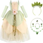 Costume princesse fée fille vert set robe satinée tulle accessoires anniversaire Halloween spectacle école qualité polyester confort style féerique enfants