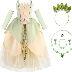 Costume princesse fée fille vert set robe satinée tulle accessoires anniversaire Halloween spectacle école qualité polyester confort style féerique enfants Costume princesse fée fille vert set robe satinée tulle accessoires anniversaire Halloween spectacle école qualité polyester confort style féerique enfants