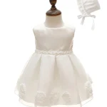 Robe princesse bébé fille blanc baptême anniversaire fantaisie floral jupe tulle satin accessoires bonnet occasion spéciale