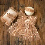 Robe en dentelle et velours pour nouveauné fille ensemble photo avec baguette et oreiller style mignon chic 03 mois