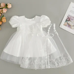 Costume blanc bébé fille baptême mariage robe dentelle satin tulle manches bouffantes ajustable 12 ans élégant cérémonie