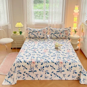 Parure de lit enfant housse de couette et taies d&rsquo;oreiller motif floral bleu et lapin rose literie confortable et sécurisée pour chambre d&rsquo;enfant style moderne et ludique