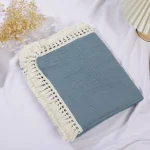Couverture d’emmaillotage en mousseline de coton pour bébé couette de lit à franges douillette en coton bio bleu royal
