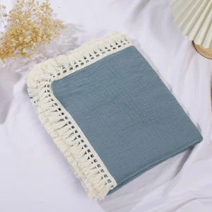 Couverture d’emmaillotage en mousseline de coton pour bébé couette de lit à franges douillette en coton bio bleu royal
