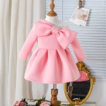 Robe princesse bébé fille nœud épaule manches longues vêtements fête anniversaire mariage polyester rose