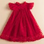 Robe d&rsquo;anniversaire fille époque artistique style romantique manches bouffantes tissu doux polka dots rouge Aline