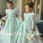 Robes de demoiselle d&rsquo;honneur blanches en tulle mariage communion anniversaire tissu en tulle dentelle nœud longueur au sol robes de fête pour enfants