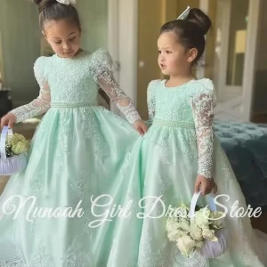 Robes de demoiselle d’honneur blanches en tulle mariage communion anniversaire tissu en tulle dentelle nœud longueur au sol robes de fête pour enfants Robes de demoiselle d’honneur blanches en tulle mariage communion anniversaire tissu en tulle dentelle nœud longueur au sol robes de fête pour enfants